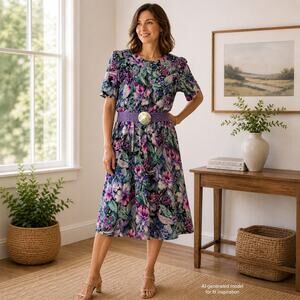 Vintage 80s Floral Dress Petite 14 Purple Teal Belted Midi Rayon Impromptu USA